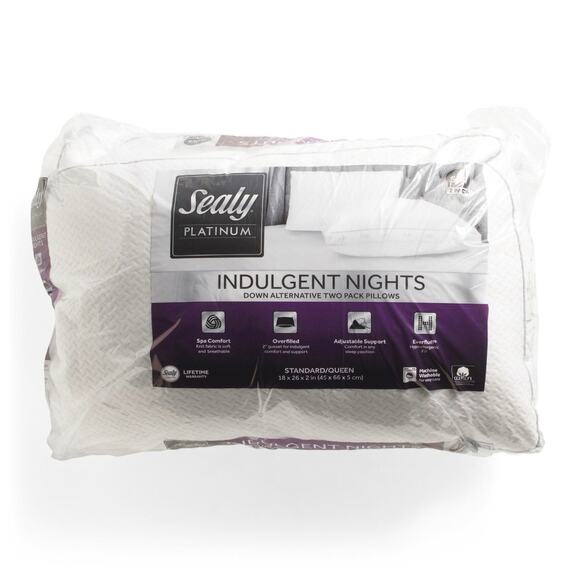 2 Pk Sealy Platinum Indulgent Nights Down Alternative Pillows Standard/Queen NEW - Picture 1 of 3